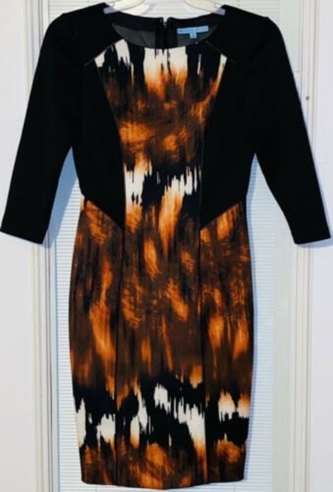 ANTONIO MELANI 3/4 SLEEVE SHEATH DRESS SZ 4 FIRE ORANGE BLACK Autumn Halloween